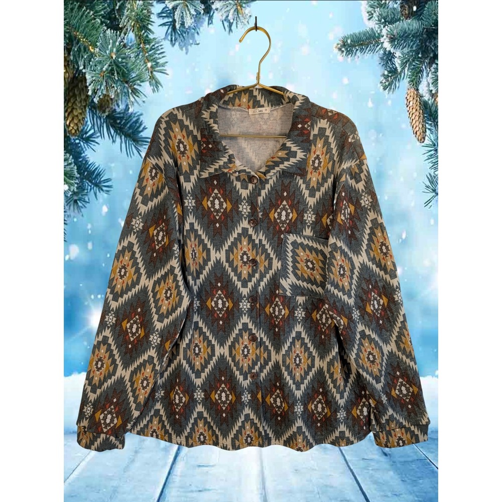 E Luna 2XL Cozy Geometric Aztec Print Long Sleeve Button Front Shirt Women's